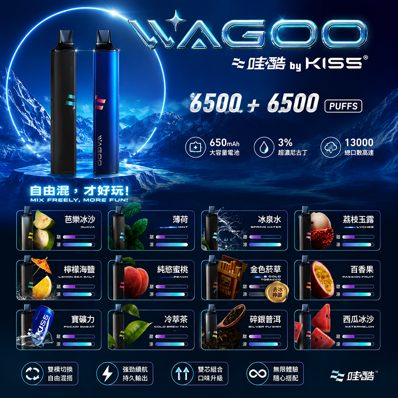 WAGOO × KIS5 哇酷雙味一次性電子煙｜650mAh｜12款口味